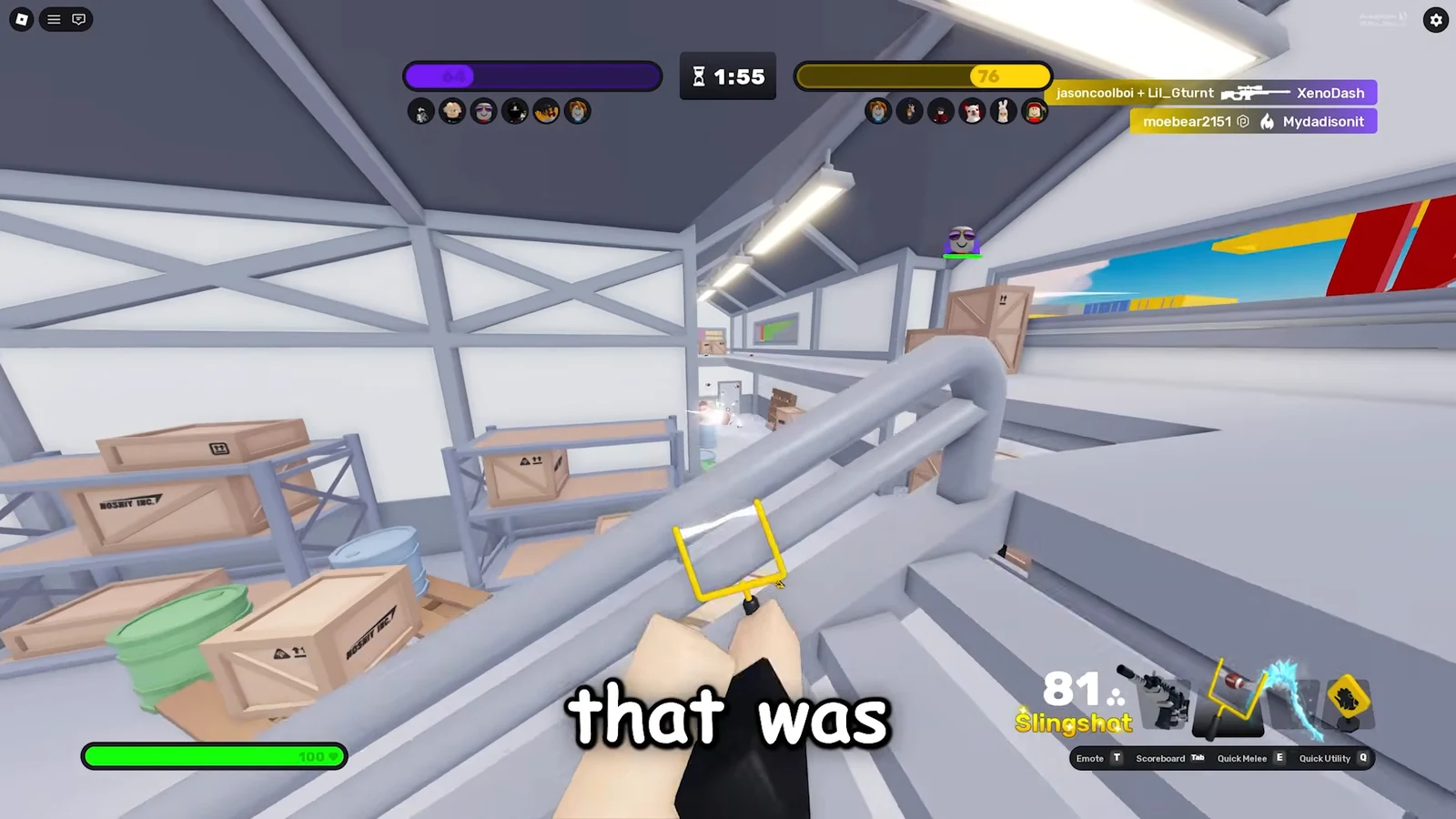 Player with the Slingshot equipped aiming from an elevated warehouse walkway at an opponent below