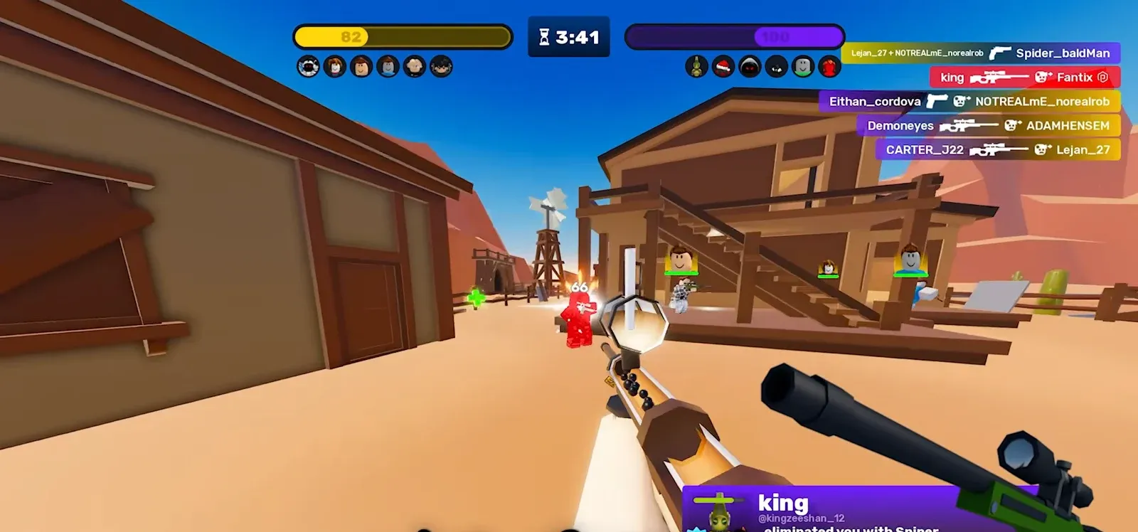 Desert shooter view with a scoped weapon aimed at a marked enemy and an elimination in the kill feed