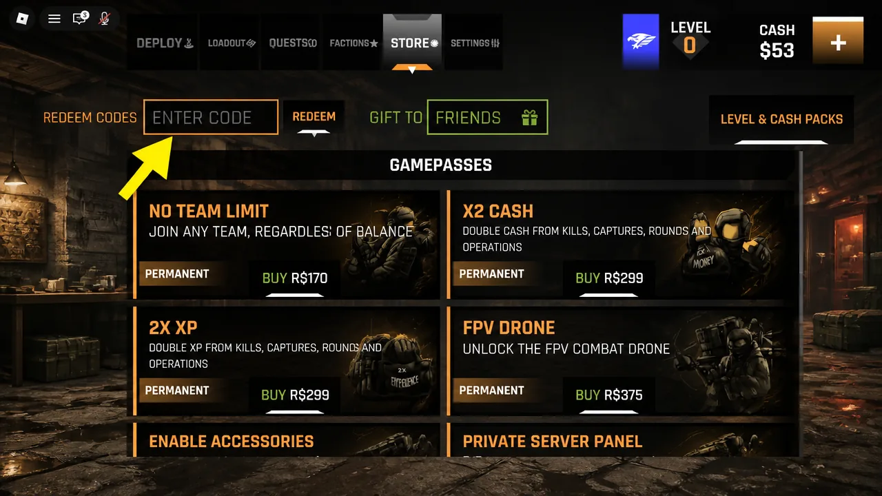 Store screen showing the code entry field used to redeem a promo code in TOTAL WAR