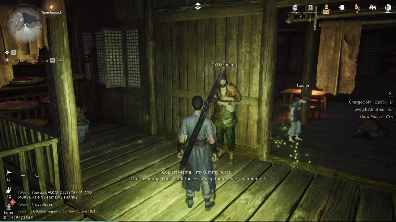 Player character talking to Du Dazhuang inside the Mirkvale house while Gou'er sits nearby