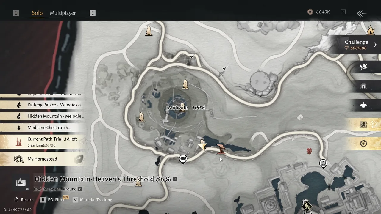 World map open on the Hidden Mountain region showing Heaven's Threshold exploration progress