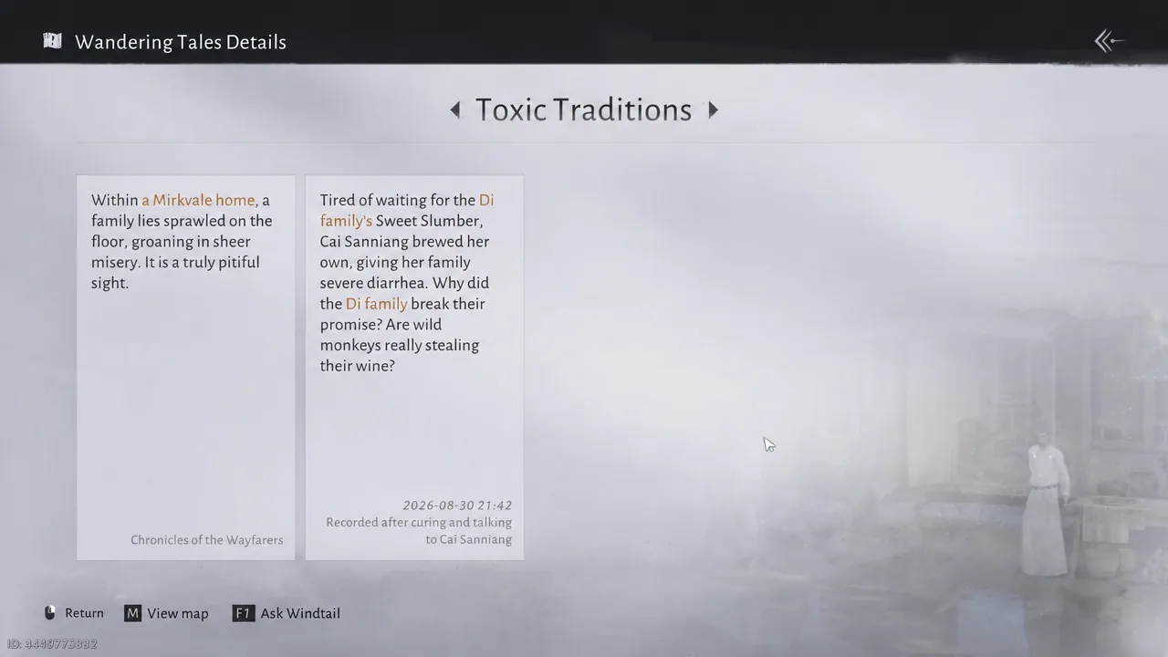 Wandering Tales journal entry showing the Toxic Traditions quest details