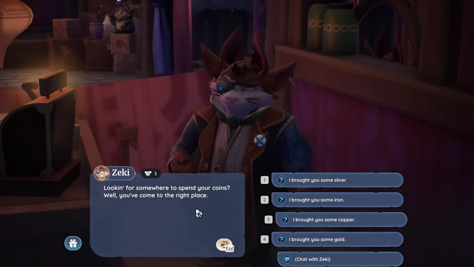 Zeki's dialogue menu open with selling and chat options at his Underground stand