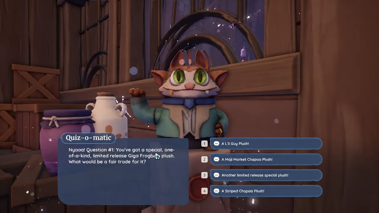 Quiz-o-matic showing Question 1 about a fair trade for a limited release Giga Frogbert plush