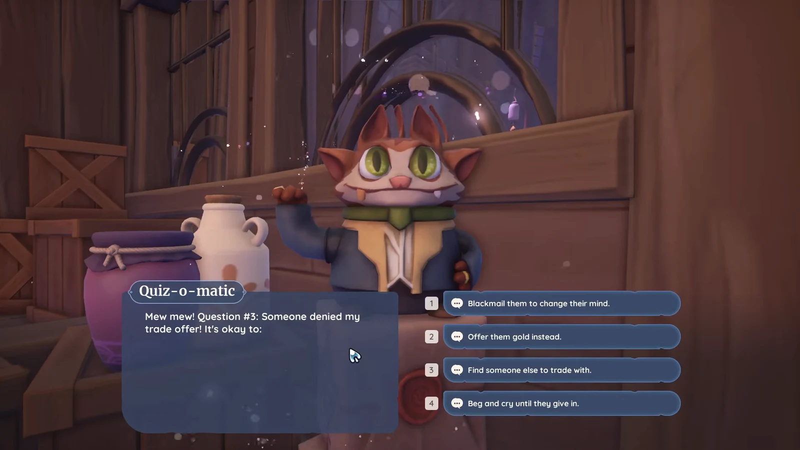 Quiz-o-matic showing Question 3 about a denied trade offer with four response options