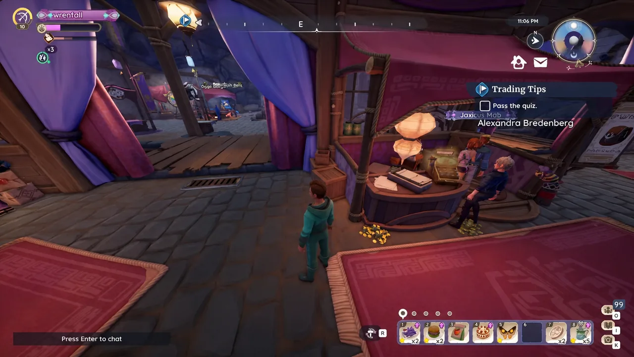 Trading Tips quest tracker showing the Pass the quiz objective at the Underground trading counter