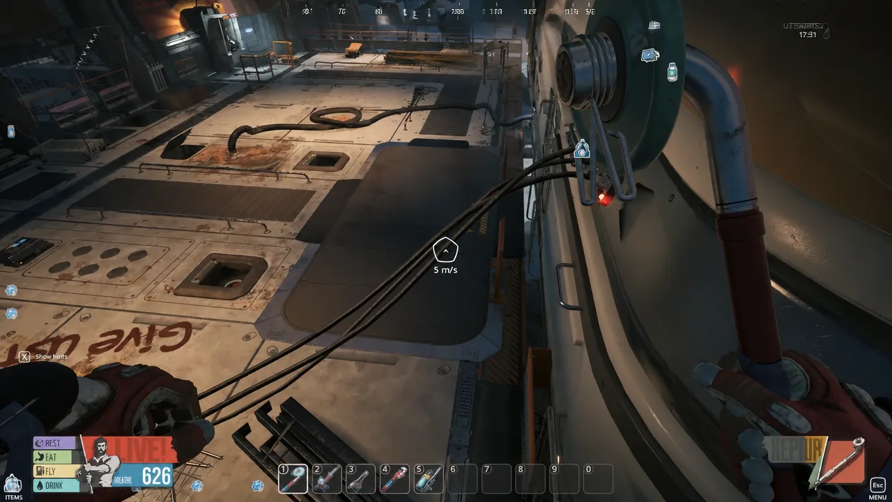 Moving along the outside of the train cabin toward the side entrance door with the wrench equipped