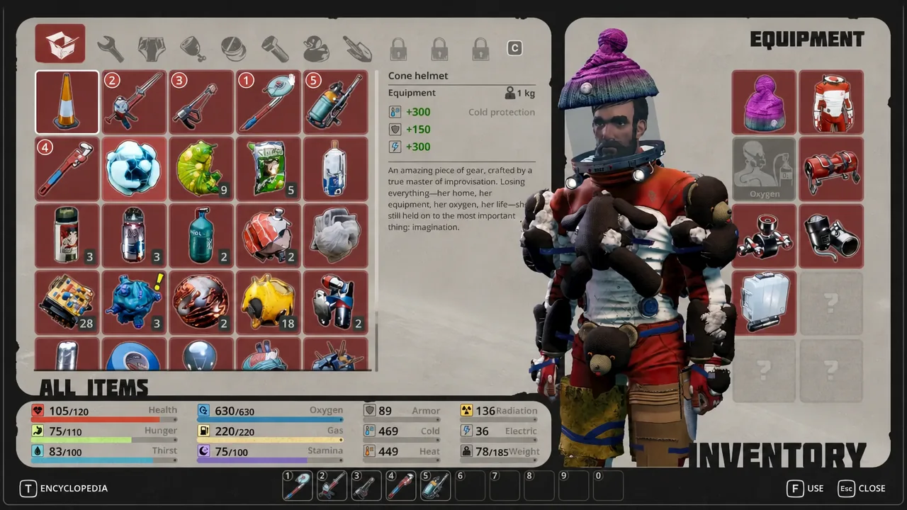 Inventory menu open with an equipment item highlighted and its details panel showing