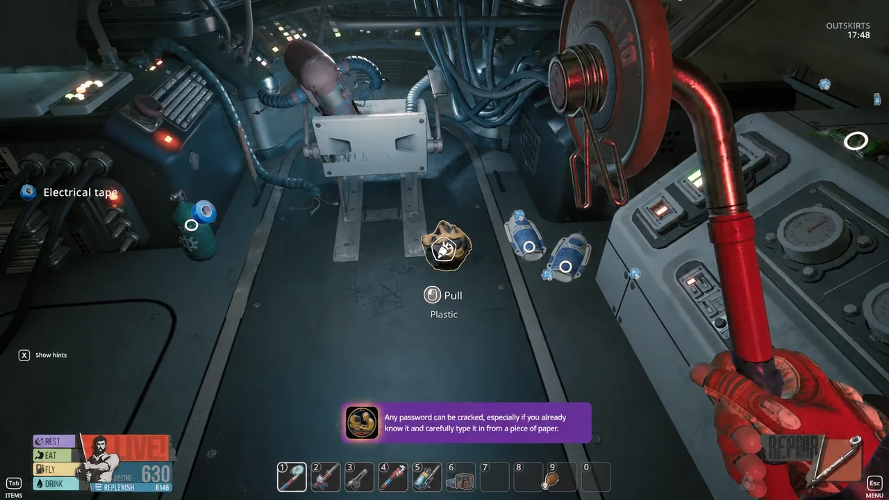 Plastic highlighted inside the train cabin with a Pull prompt on screen