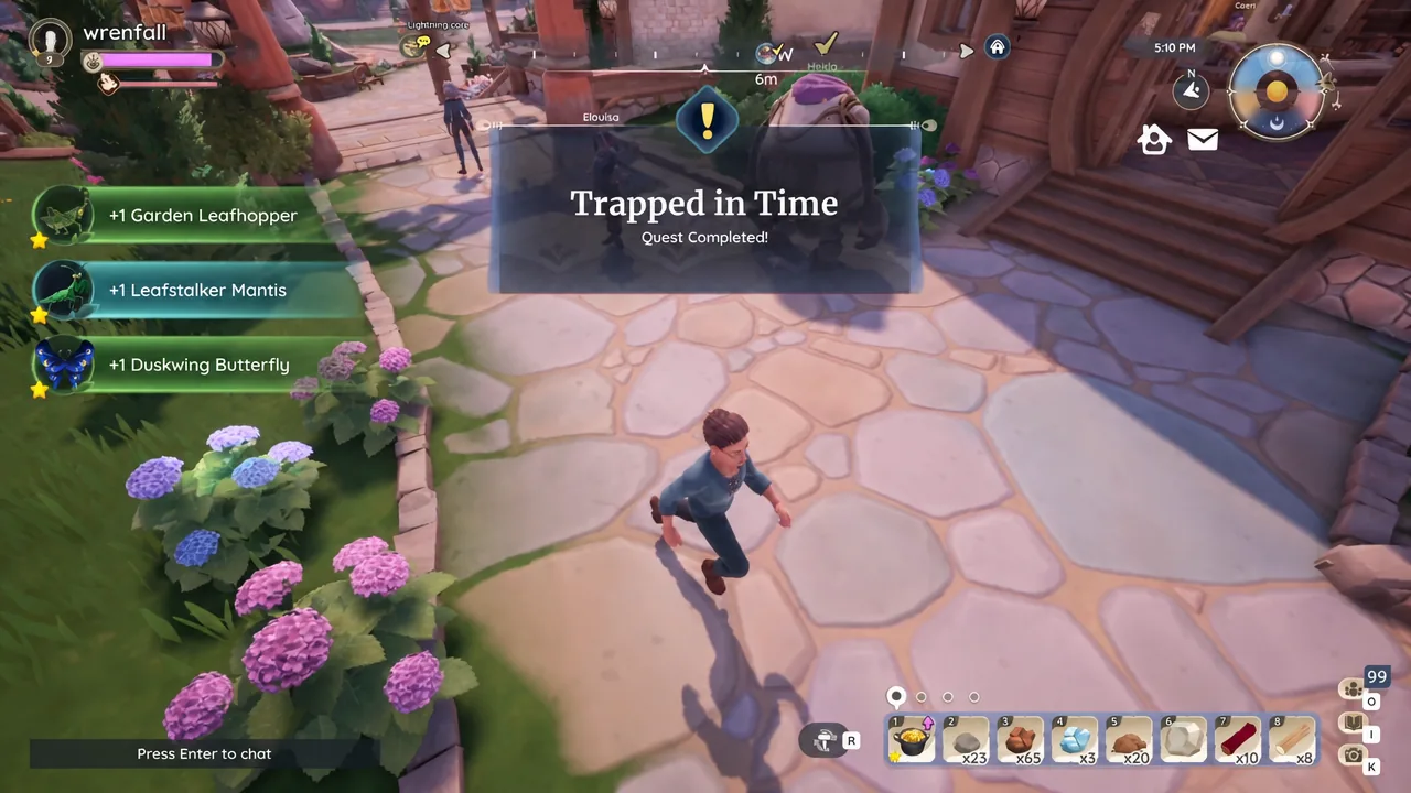 Quest completion screen for Trapped in Time with the insect rewards added to the inventory