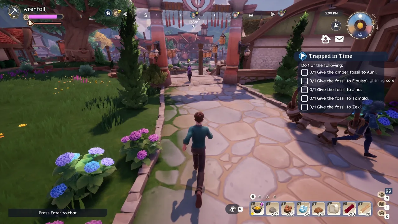 Walking through town with the Trapped in Time objectives pinned on screen while looking for the chosen villager