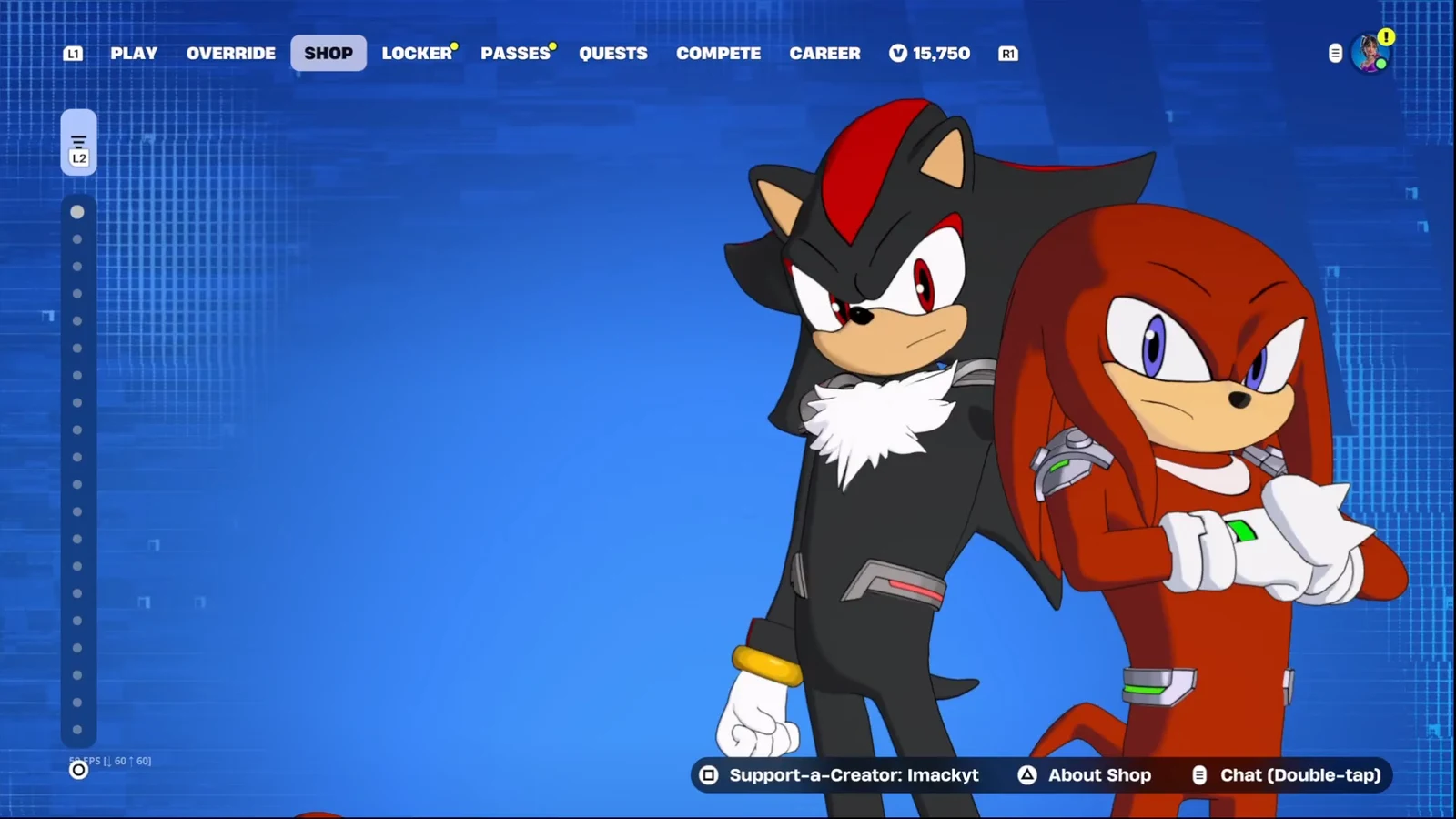 Fortnite Shop tab open with Sonic promotional art while browsing cosmetics
