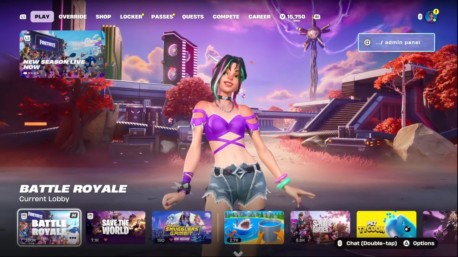 Fortnite Play tab on the Battle Royale lobby with an admin panel prompt