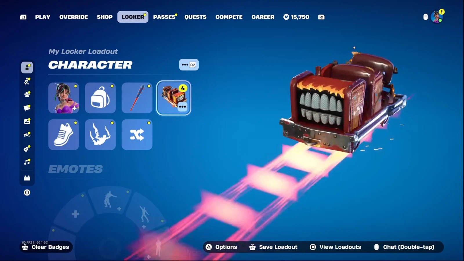Locker loadout screen showing a rocket-powered car in the vehicle slot