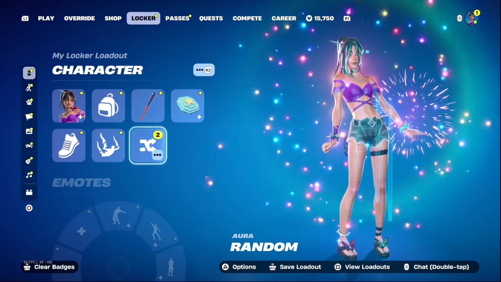 Fortnite Locker character loadout with the Aura Random outfit slot selected