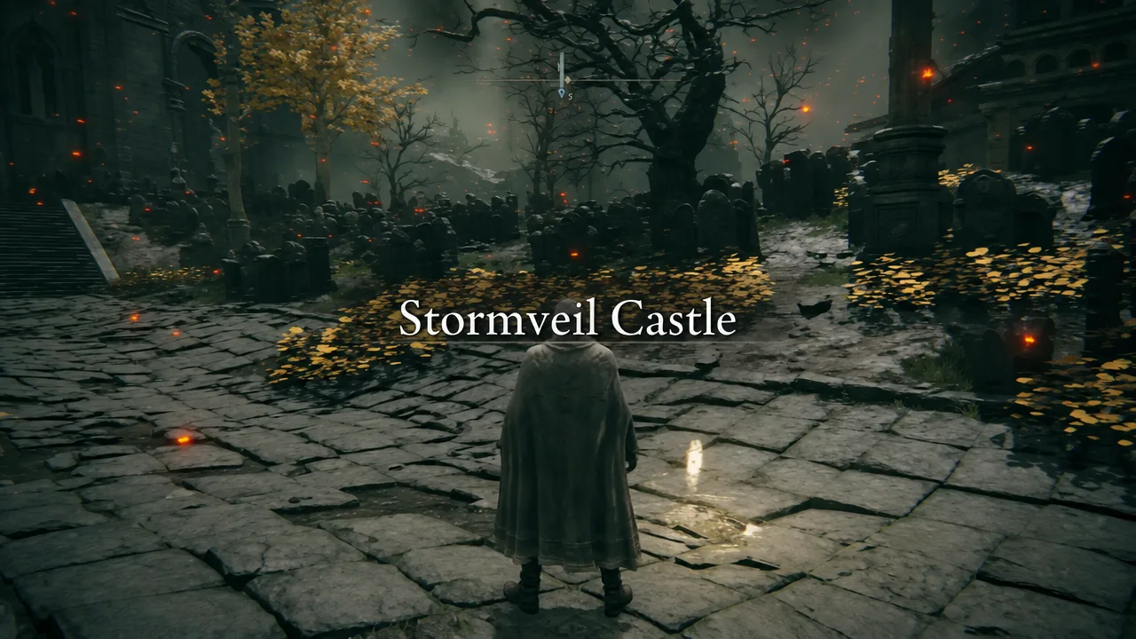 Stormveil Castle title card appearing as the player arrives in the castle courtyard