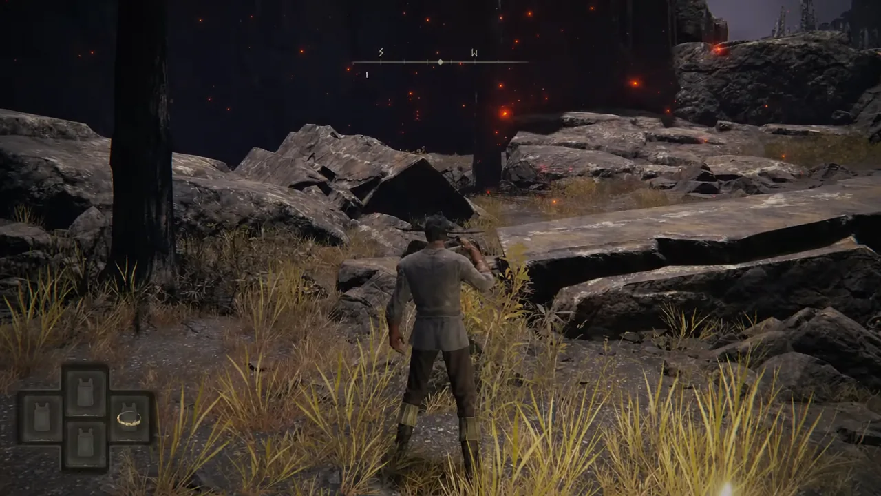 Elden Ring gameplay with the quick-item HUD visible as the player raises a weapon on rocky ground