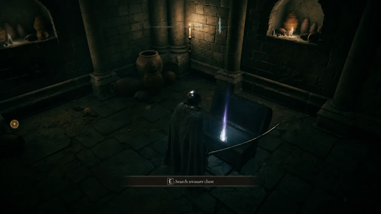 Search treasure chest prompt shown in front of a glowing chest in Stormveil Castle