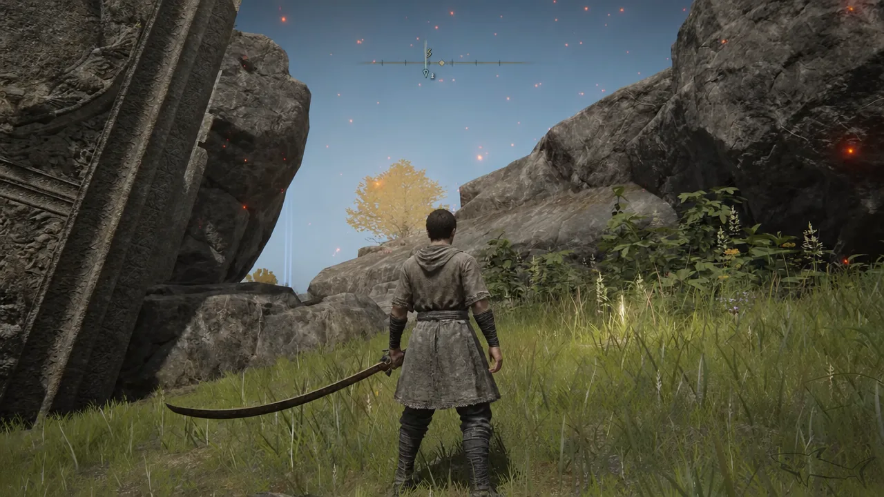 Player character crossing a rocky clearing in Elden Ring while following the compass marker