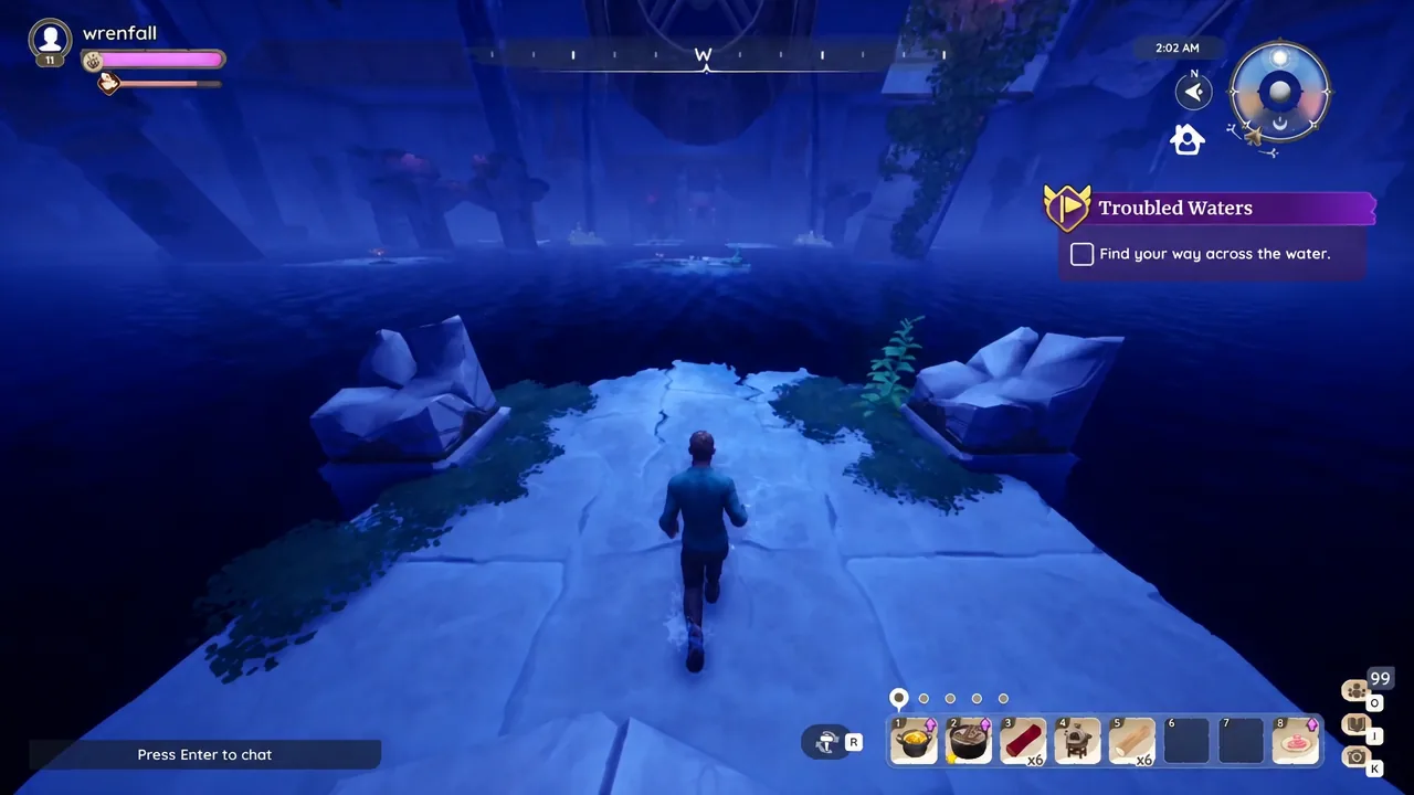 Player walking across stone platforms in the flooded chamber of the Temple of the Waves
