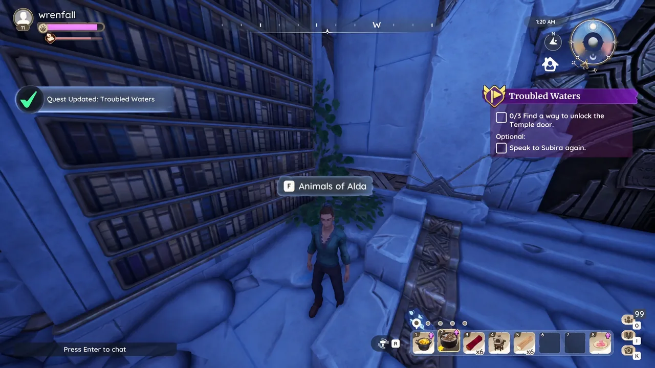 Interaction prompt on a temple bookshelf during the Troubled Waters quest in Palia