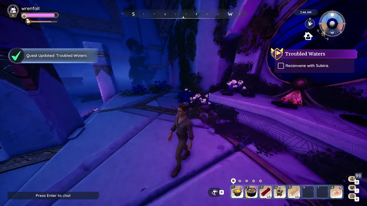 Quest tracker showing the Reconvene with Subira objective after reading the console logs
