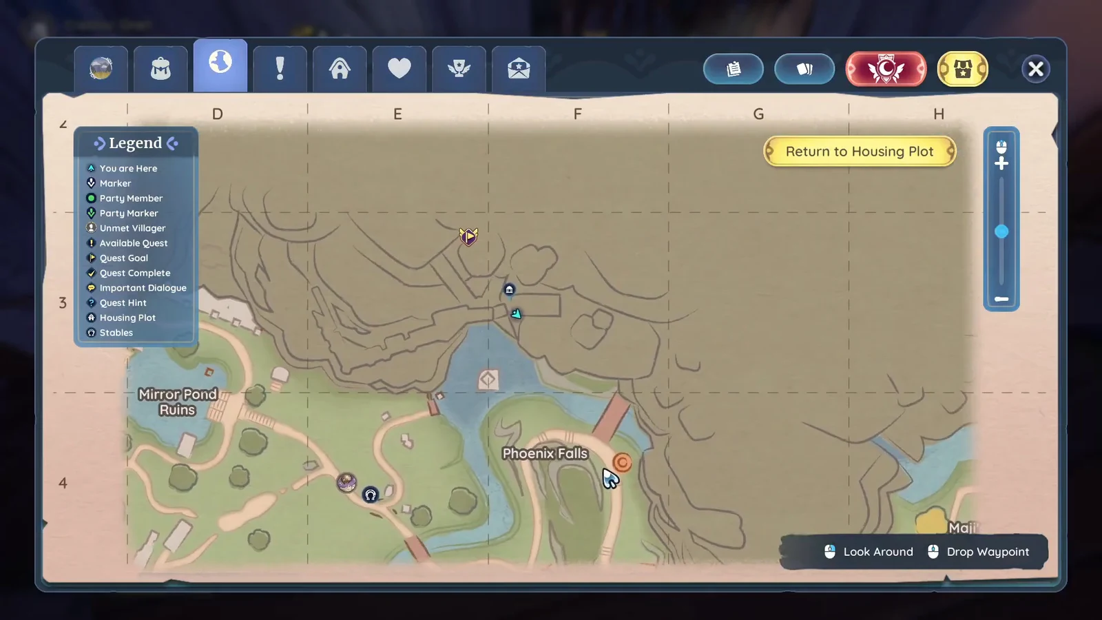 Palia world map open near Phoenix Falls showing the route to the Temple of the Waves