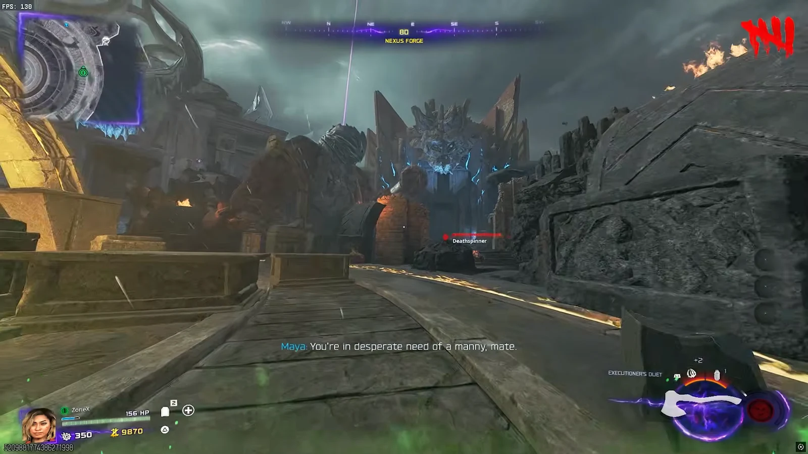 Player moves along a Nexus Forge walkway targeting a labeled Deathspinner enemy