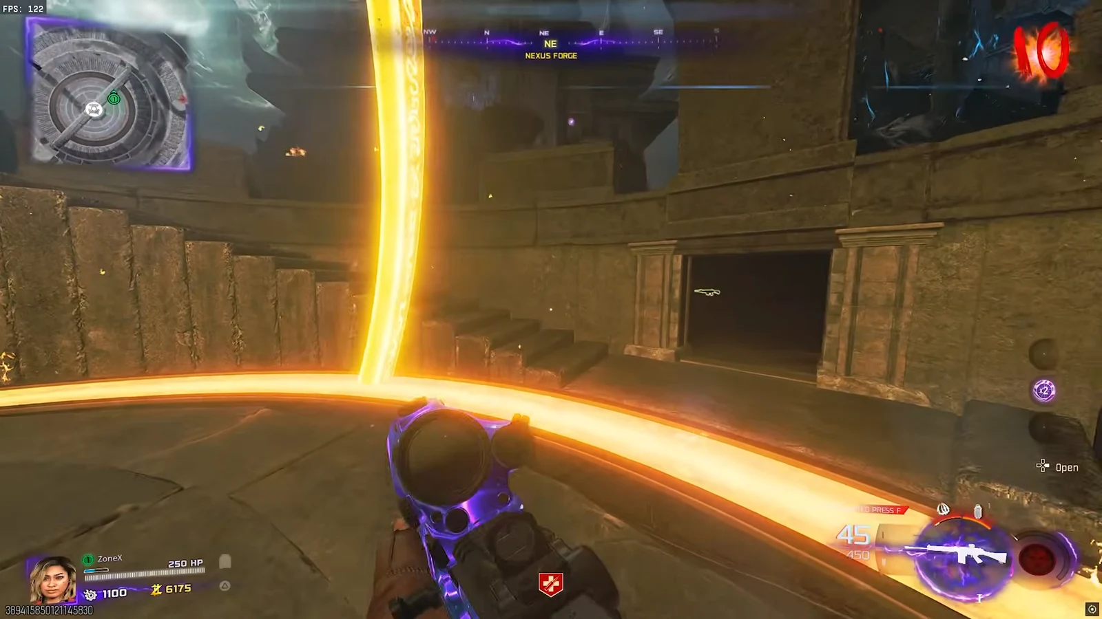Player aims a rifle inside a glowing orange ring in the Nexus Forge with an Open prompt
