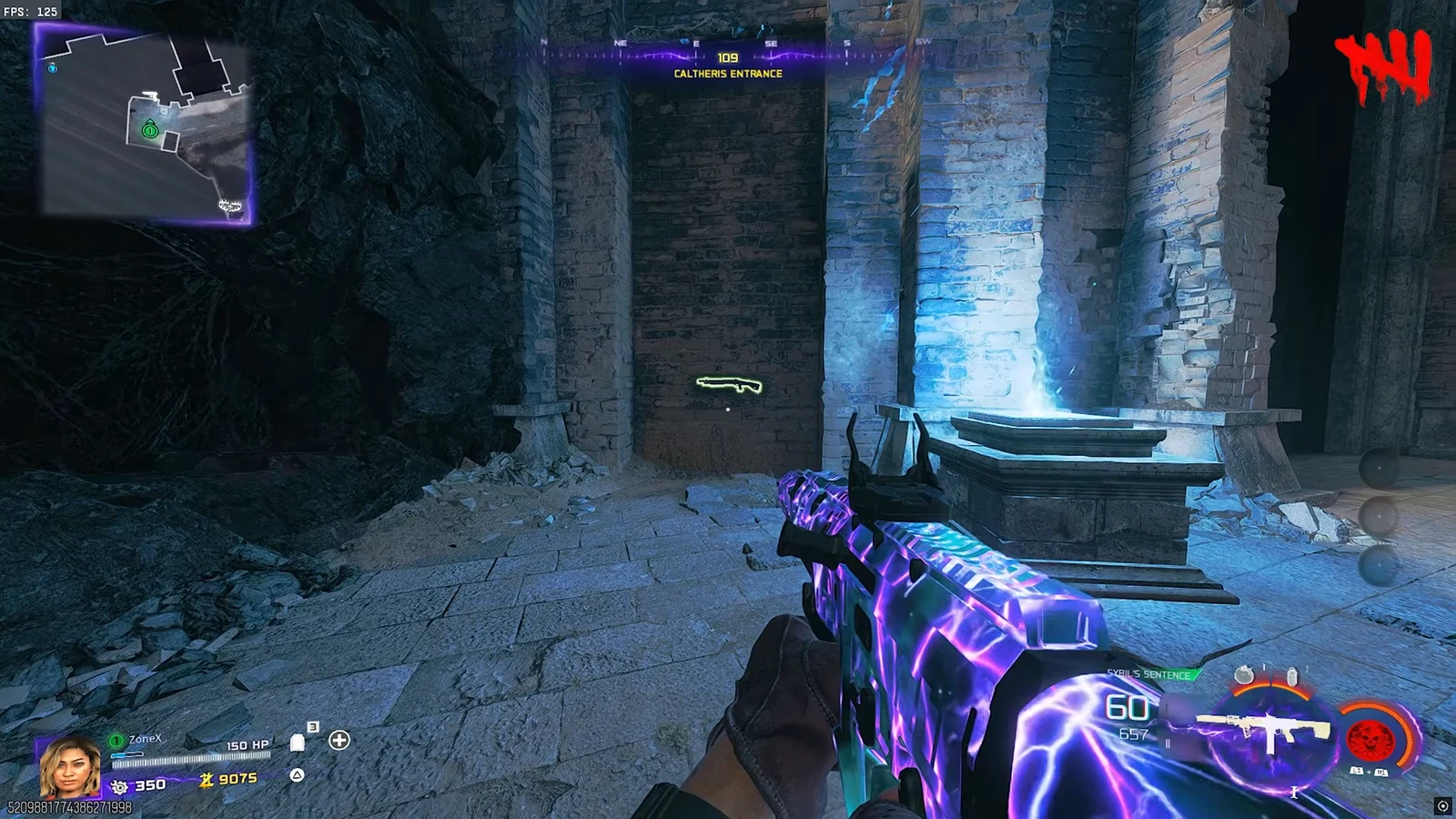 Aiming at a wall-mounted shotgun pickup beside a glowing blue altar at Caltheris Entrance