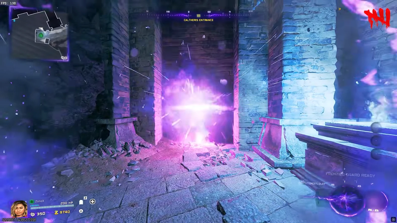 Aiming toward a glowing purple doorway at Caltheris Entrance with the Frenzied Guard ability ready
