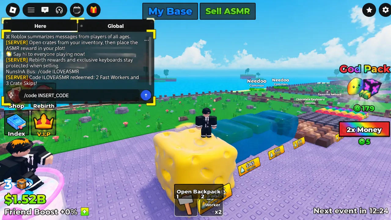 Typing a code into the Here tab of the Unbox ASMR chatbox