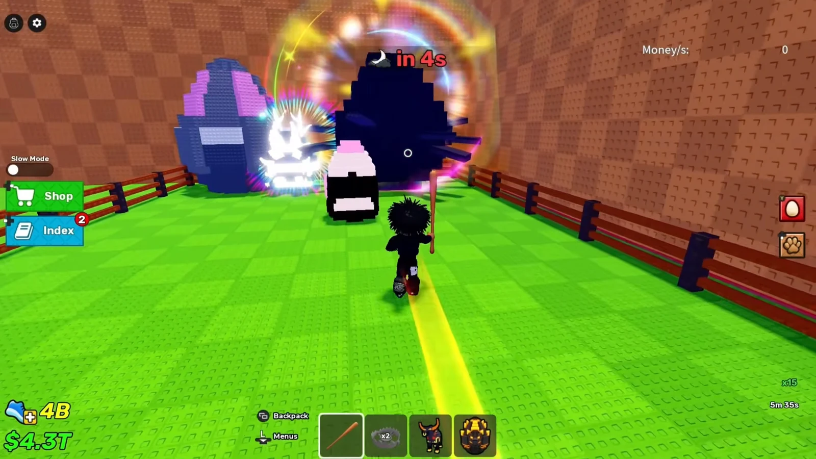 Avatar holding a stick from the hotbar and approaching a glowing portal marked in 4s