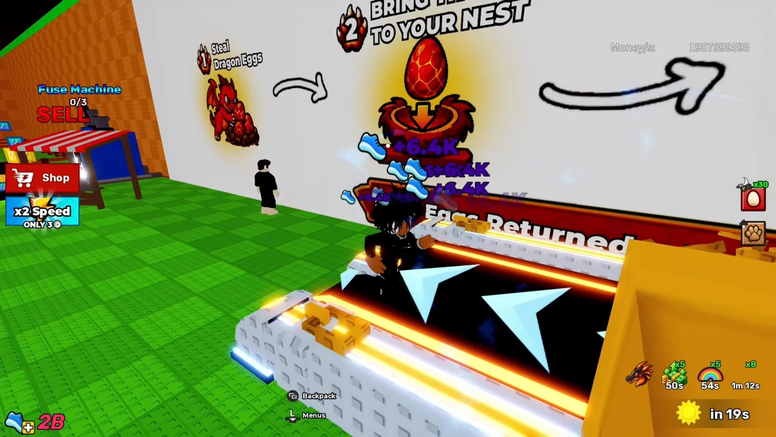 Fuse Machine showing SELL 0/3 and an Eggs Returned notification while selling dragon eggs