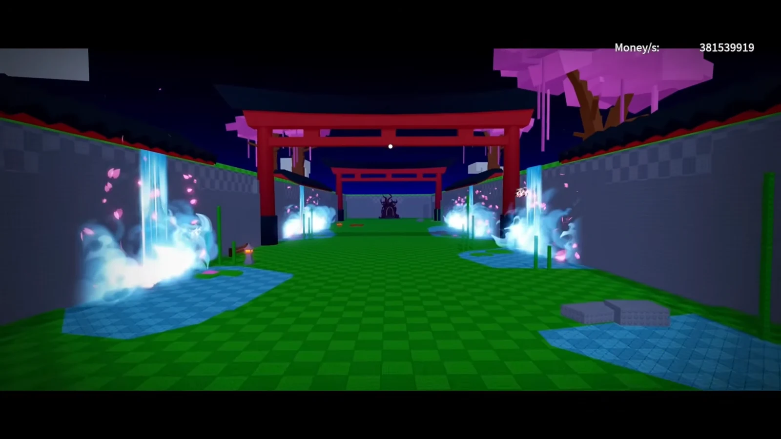 Player moving through a Japanese-themed courtyard toward red torii gates in the Cherry Blossom biome