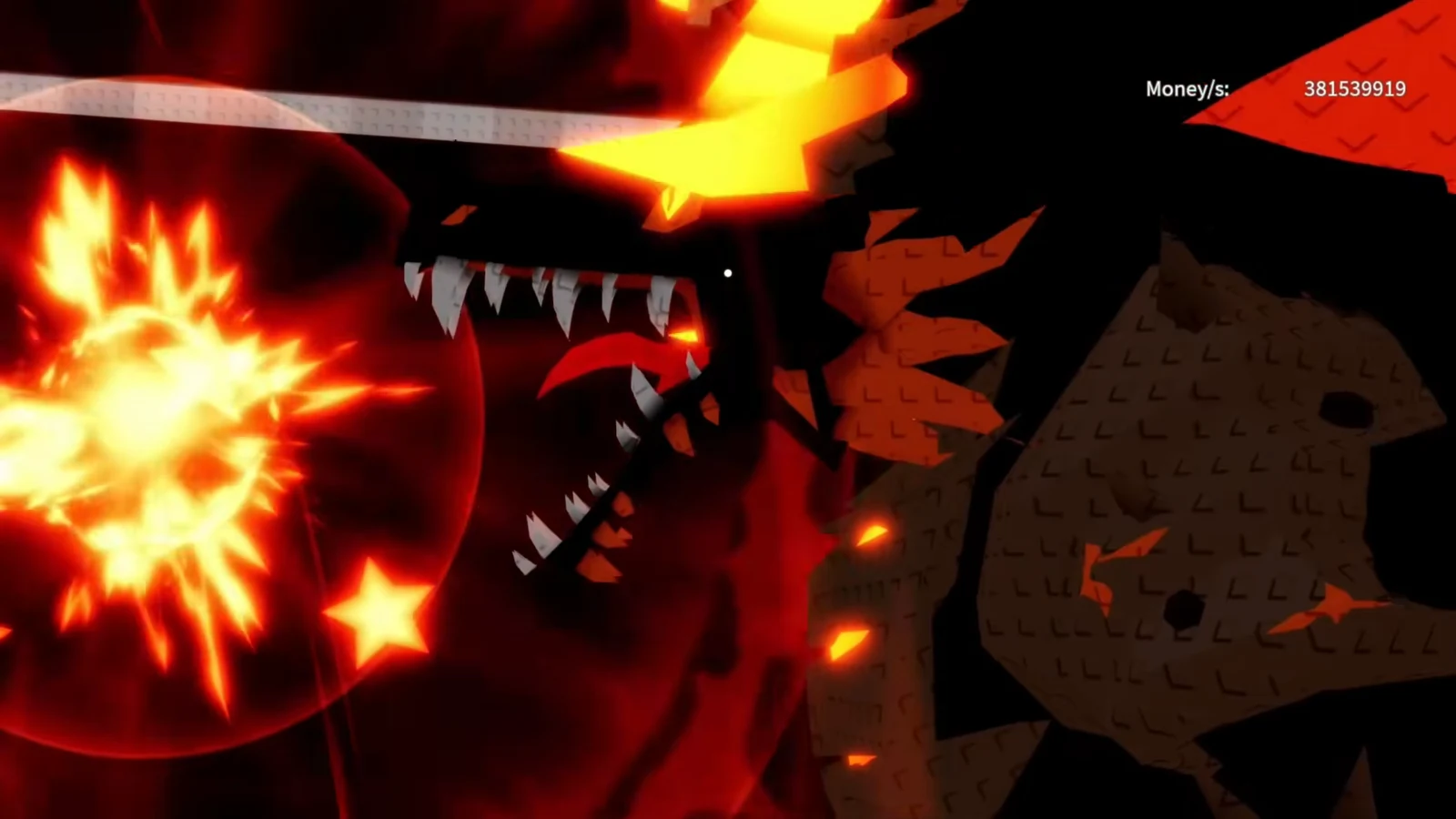 Fiery dragon attack in progress with the HUD showing Money per second at 381,539,919