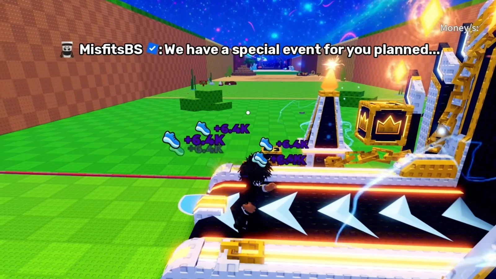 Avatar riding an arrow-marked conveyor and collecting repeated +6.4K rewards during the dragon event