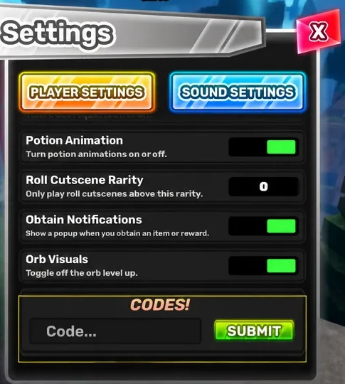 Code entry field and Submit button in the Unscathed RNG settings menu