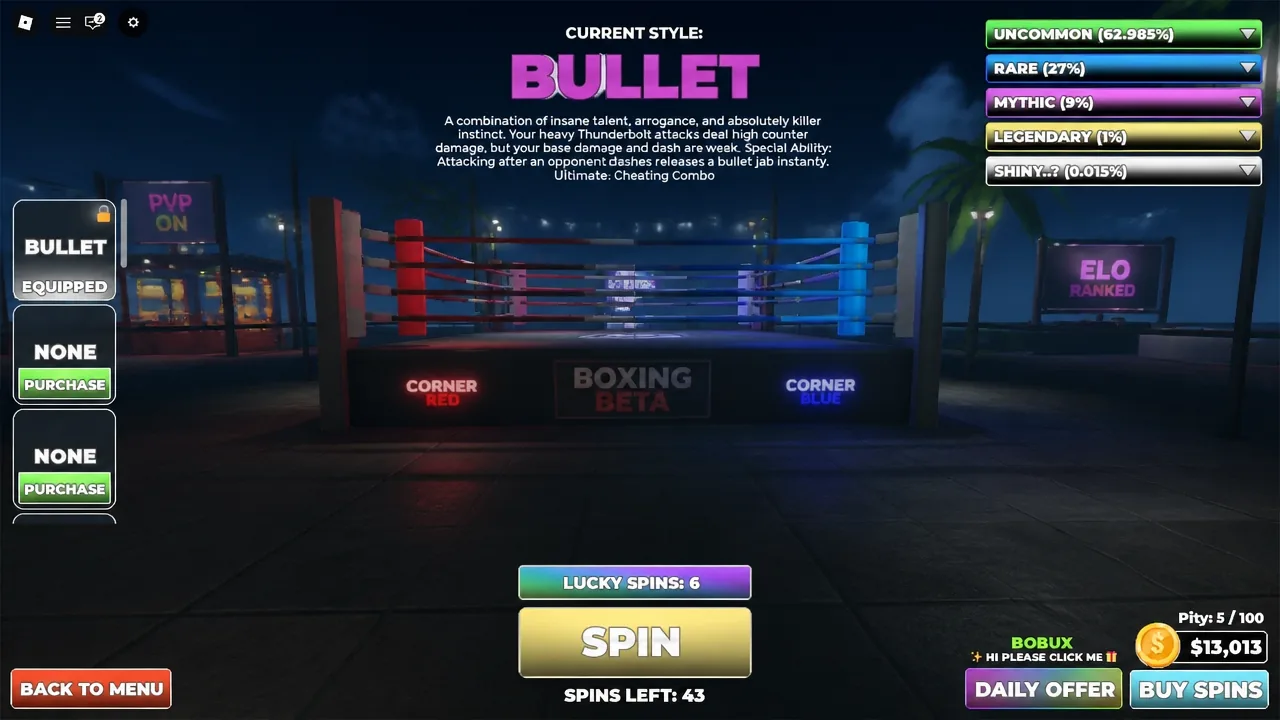 Spin screen showing Bullet equipped with six lucky spins ready to use