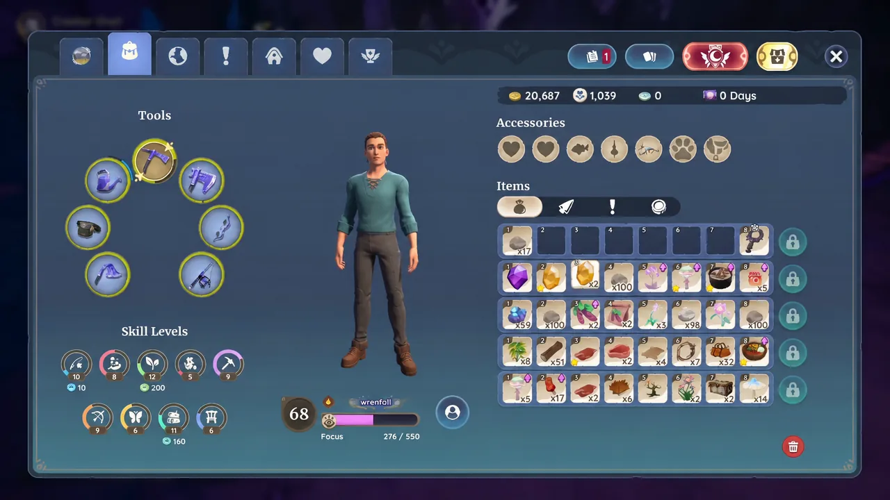 Palia Backpack tab of the inventory screen showing equipped tools and gathered materials