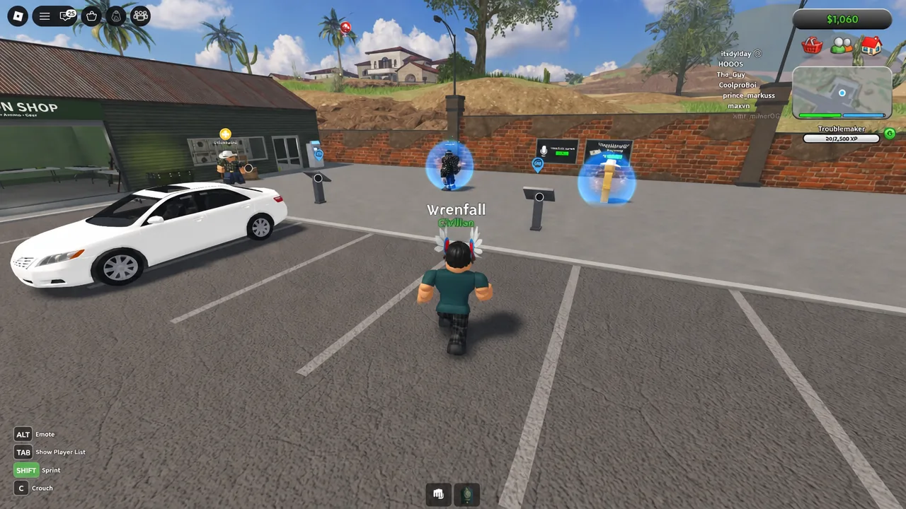 Avatar moving through the game world past the Gun Shop with blue interaction portals visible