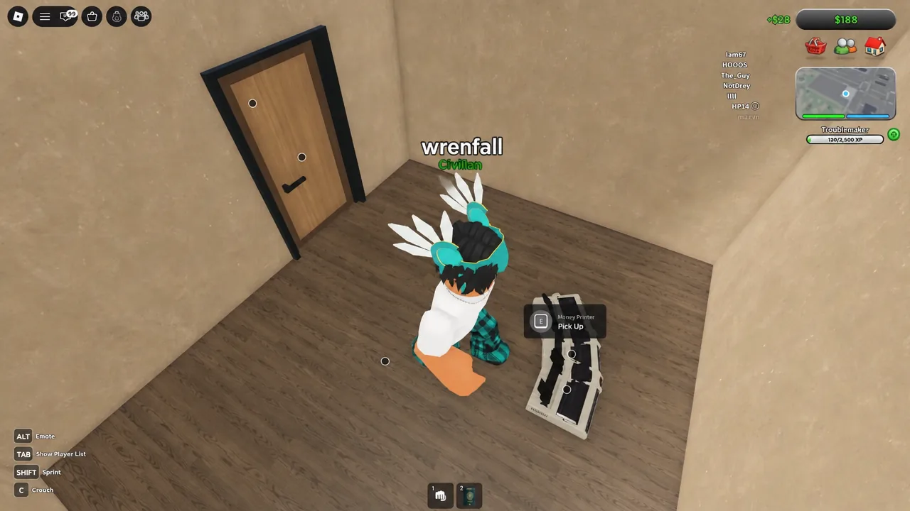 Money printer interaction prompt with E highlighted as the player picks up a printer in the apartment