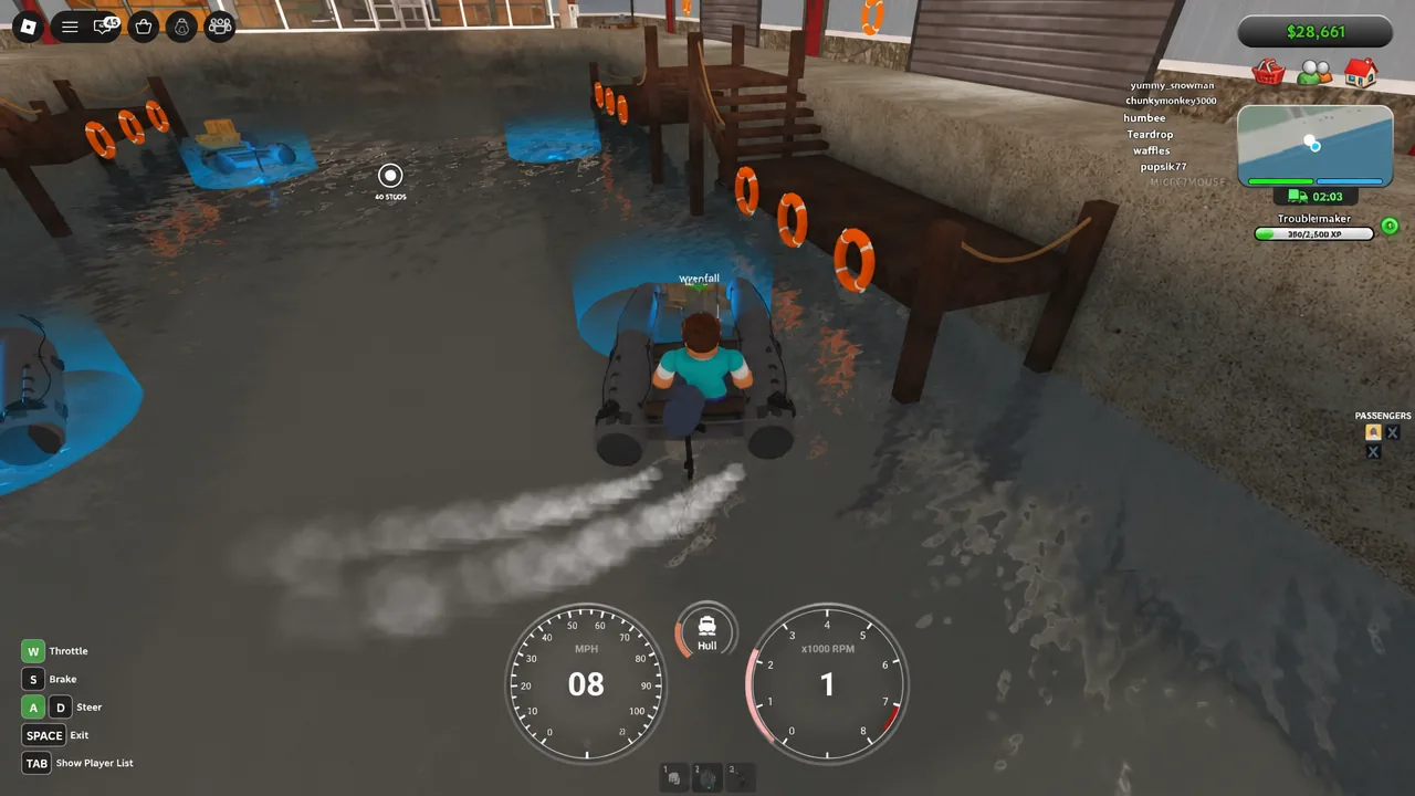 Boat piloting view with the W throttle control highlighted as the player moves through the water
