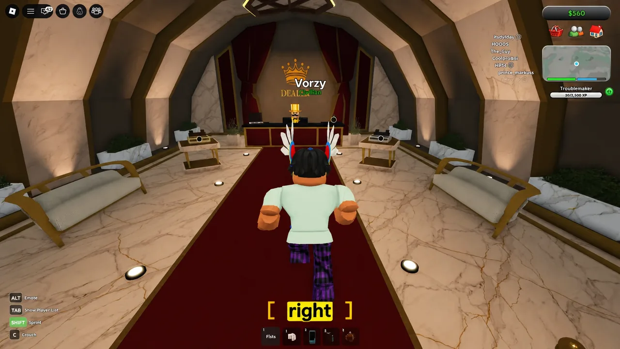 Player running toward the Dealer NPC at the end of the tunnel with a movement prompt on screen