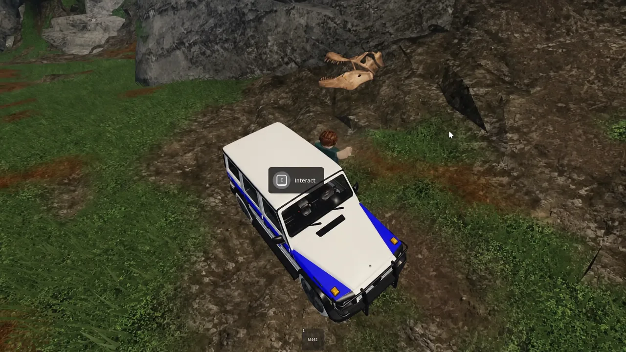 An E Interact prompt shown over a blue-and-white vehicle out on the island