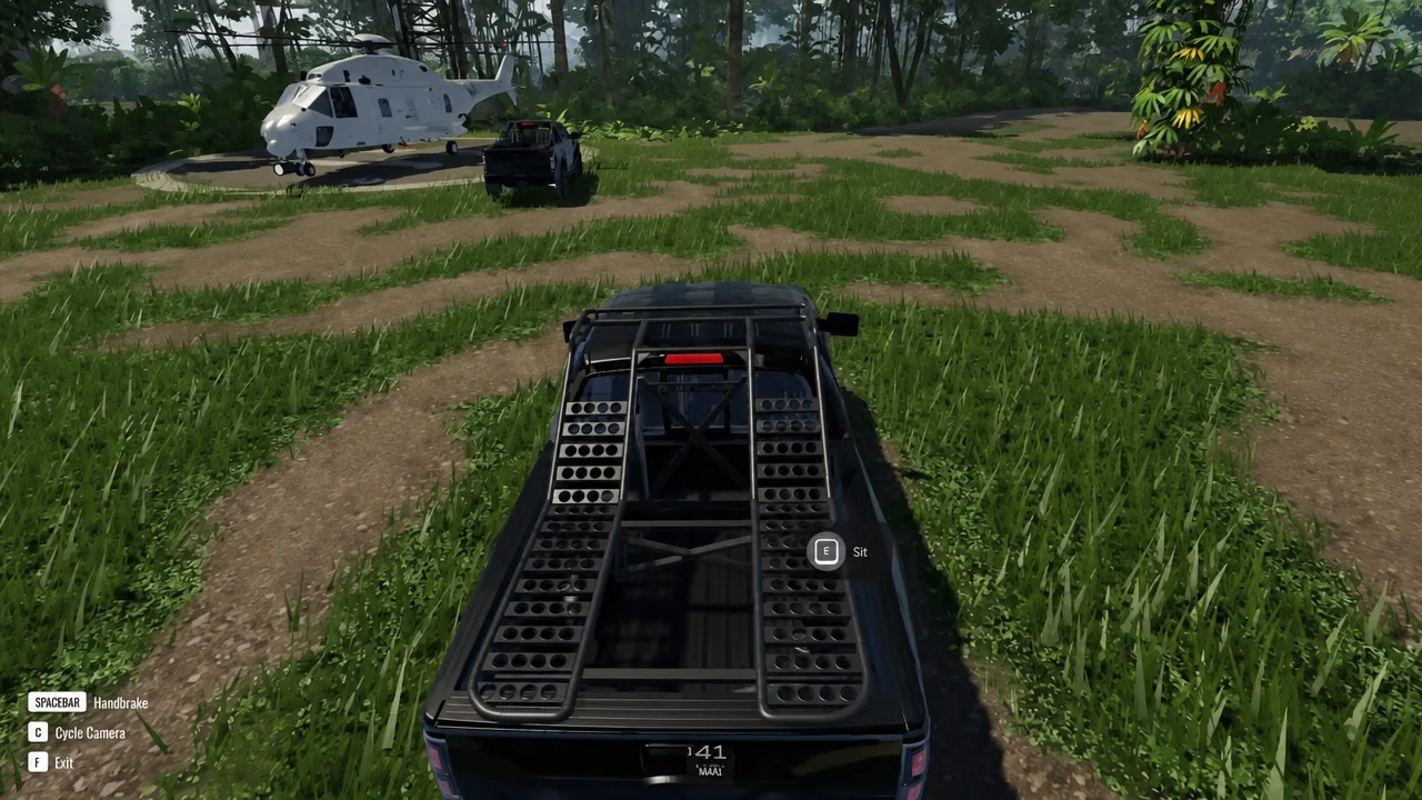 The E Sit interaction prompt shown next to a spawned pickup truck