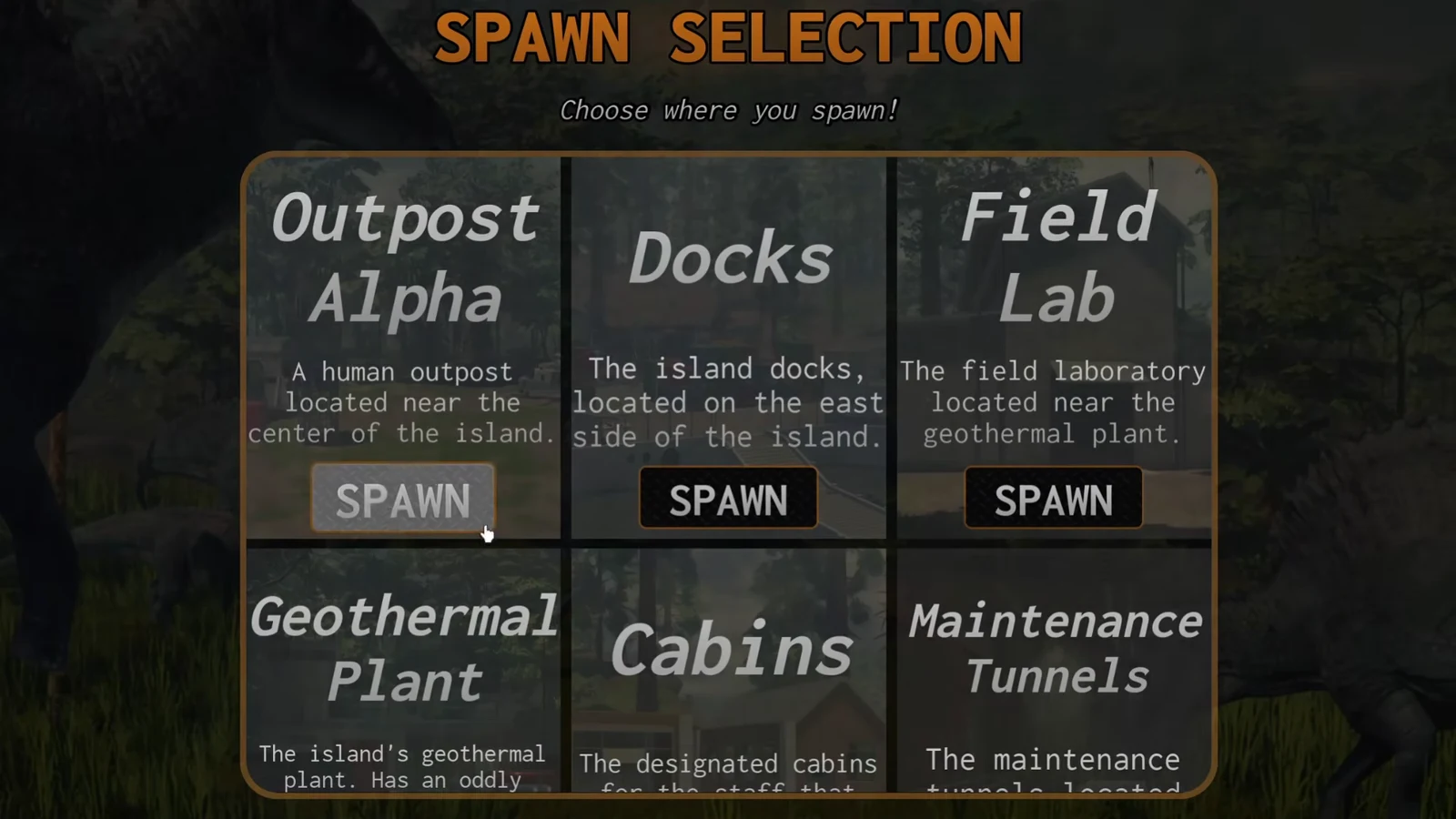 Spawn selection menu in Jurassic Genesis with a highlighted SPAWN button on a starting location