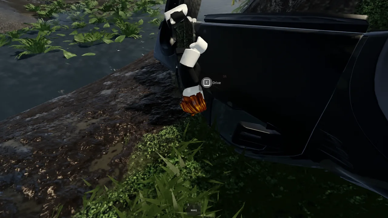 Vehicle drive prompt with the E key highlighted before setting off toward the swamp