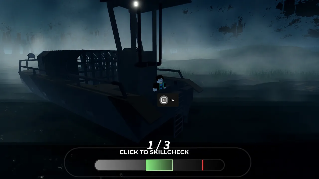 The E Fix prompt with the click to skillcheck timing bar active during an engine repair