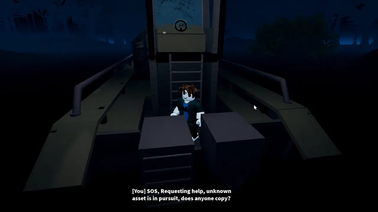 Player climbing a ladder on the boat at night as the SOS radio subtitle appears
